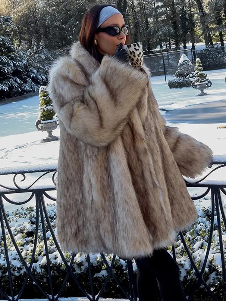 Winter Fluffy Lapel Womens Faux Fur Coats Elegant Lapel Long Sleeve Thick Warm Jackets 2024 Thick Warm Lady Street Outerwears 241107