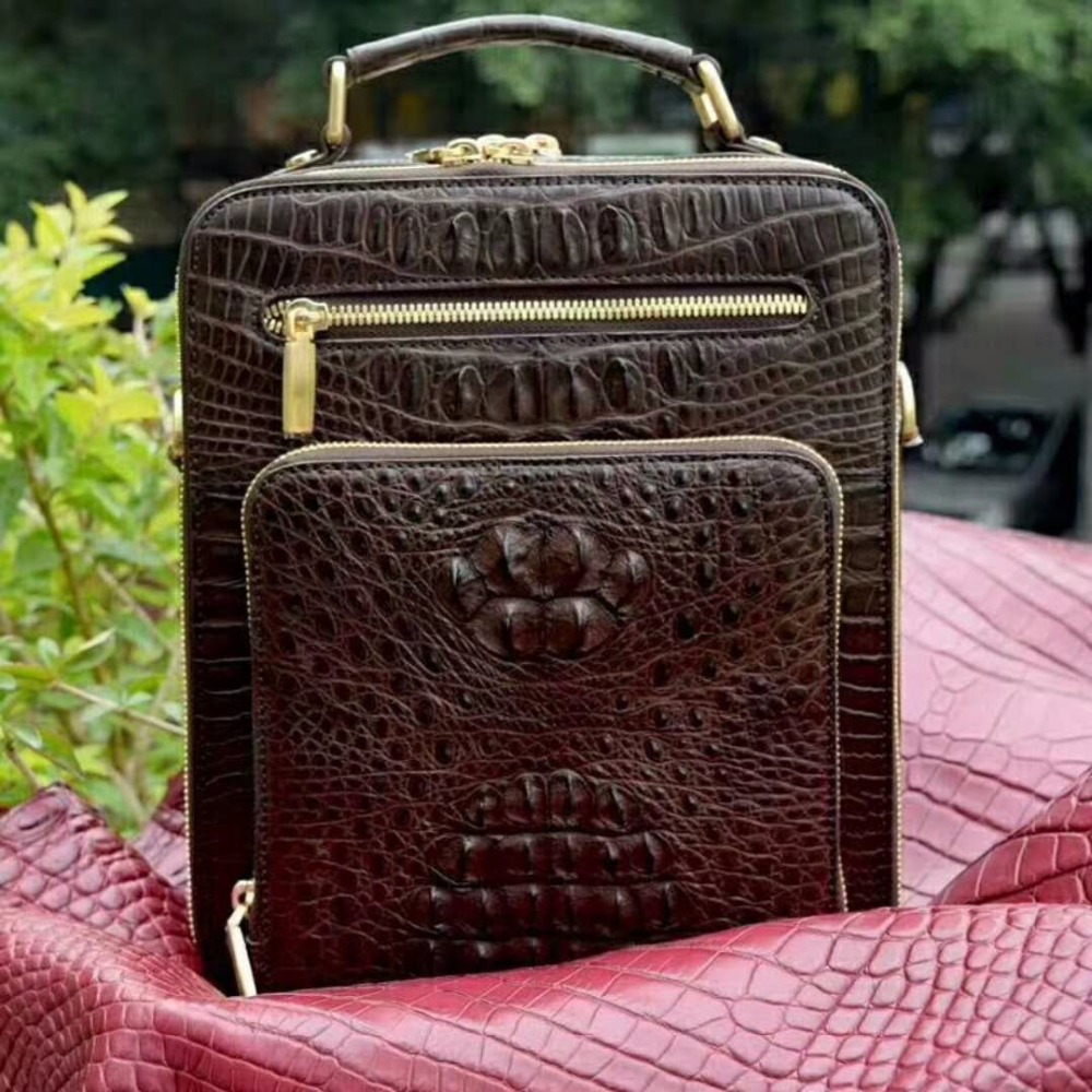 100% genuine real crocodile leather head skin men shoulder cross body bag with top handle zippers closure brown black