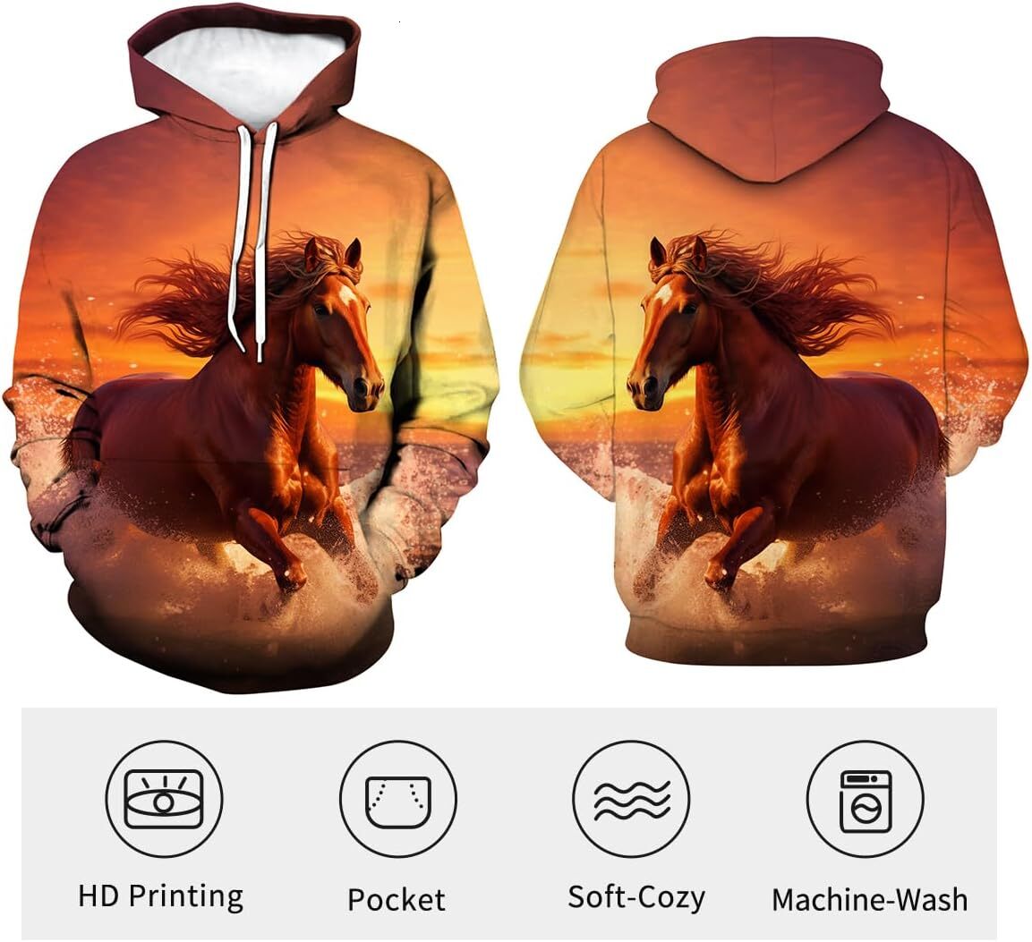 Hoodie for Mens Womens Mens Horse Hoodie - Animal Theme, Realistic Graphic Sweatshirt Graphic Cool horse pattern