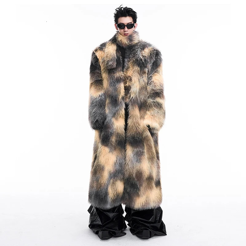 FEWQ mens faux fur long coat autumn and winter mink cardigan long sleeved scarf mens top 24E5164 241107