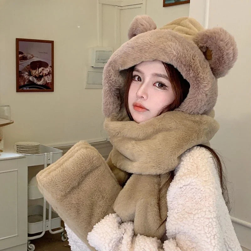 Hat scarf one-piece material womens autumn and winter bear shape warm plush gloves three piece cute hooded ear protection fashionable 241107