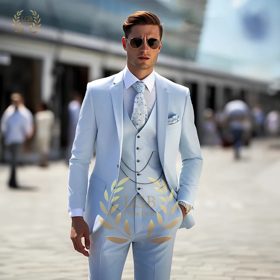 Mens Sky Blue Set 3-Piece Set 2-piece Button Notched Collar Wedding/Party/Dinner Custom Tailcoat Mens Casual Slimming Set 241106