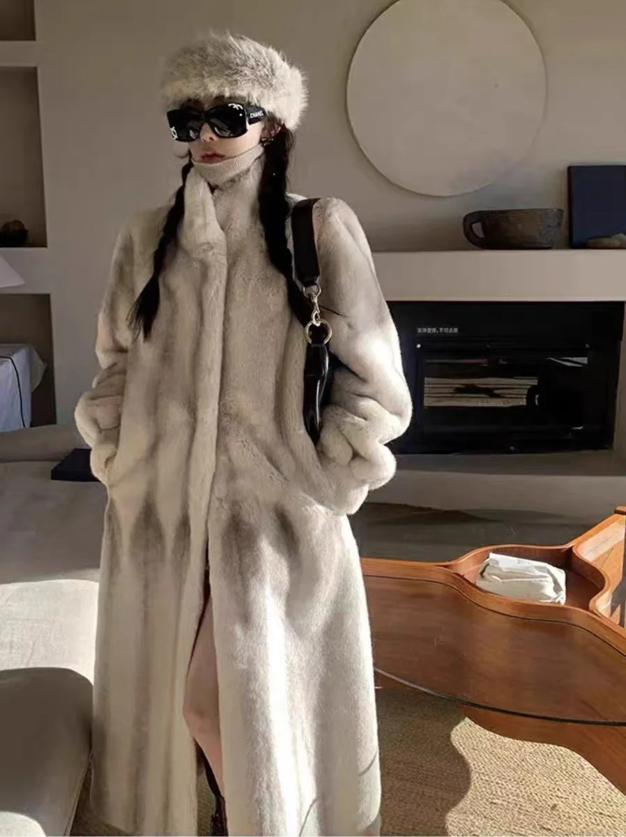 Fur faux mink coat standing collar fur leather jacket warm coat fashionable womens winter coat gradient stripes high-quality 241107