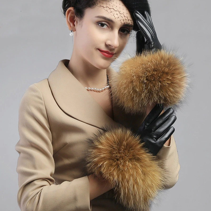 Genuine Raccoon Fur Gloves Womens Leather Gloves Fashion Raccoon Fur Sheepskin Leather Gloves Womens 241106
