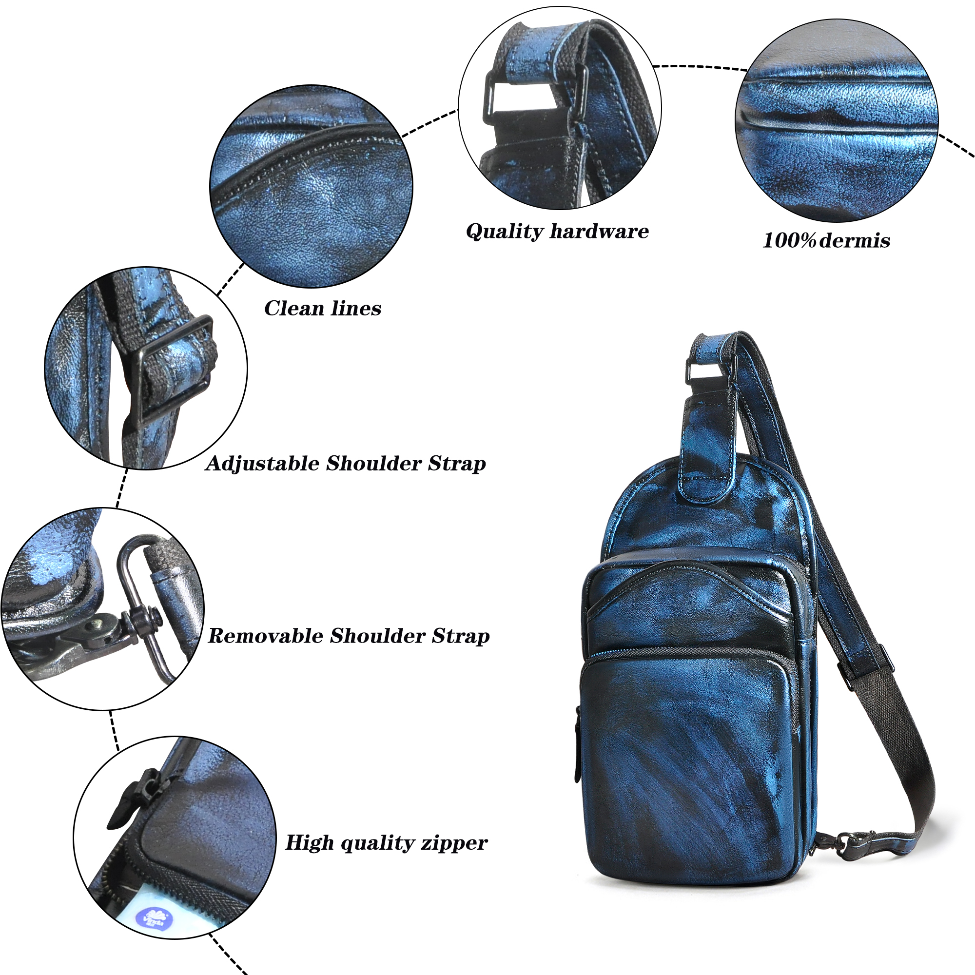 Le'aokuu Men Crazy Horse Leather Casual Vintage Fashion Blue Chest Sling Bag Design One Shoulder Crossbody Bag For Male 9977