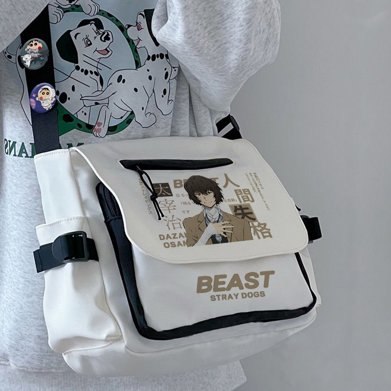 Anime Bungo Stray Dogs Shoulder Bag Black White Messenger Cartoon With Front Zipper Badges Crossbody