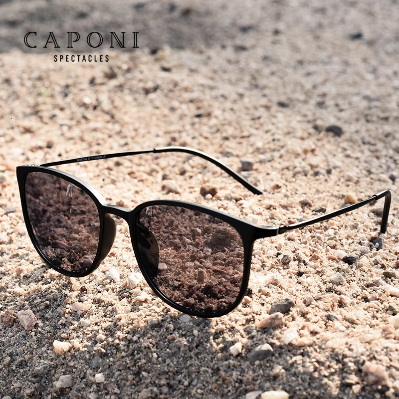 CAPONI Oval Mens Sunglasses with Optoelectronic Polarization for Mens UV Protection and Ultra Light Driving Black Glasses BS520 241106