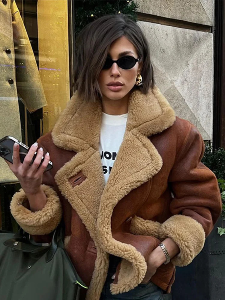 Winter Thick Spliced Fur Short Sleeve Jacket Fashion Single Chest Brown Pocket Jacket Womens High Street Wear 241107