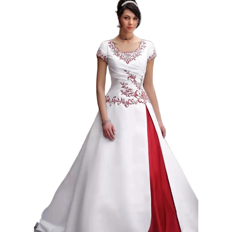 Elegant Embroidery Wedding Dresses A Line White And Dark Red Satin Long Bridal Gown Short Sleeves Back Buttons Bride Reception Dress 2024 Spring Summe