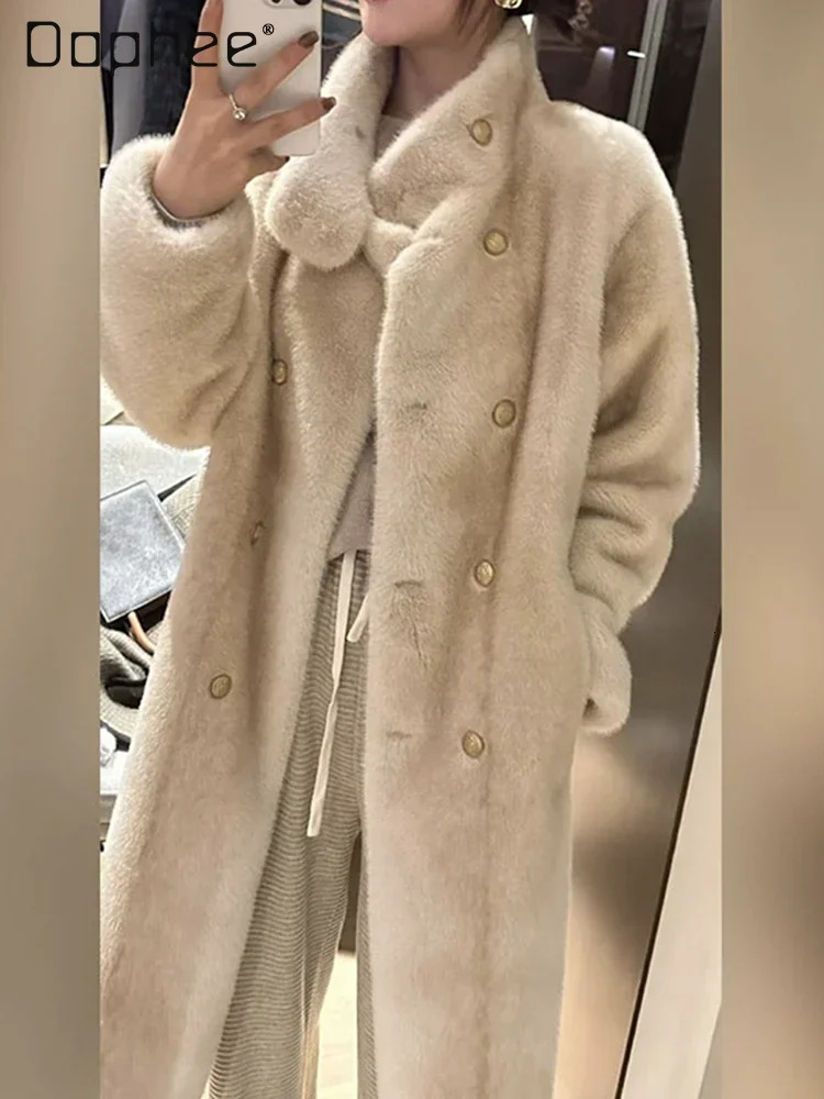 Mink coat womens plush fluffy warm double chest stand up collar long coat thick womens winter fashion coat 241107