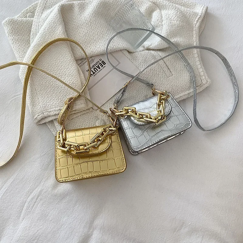 Ins New Gold Silver PU Leather Shoulder Crossbody Small Bag Fashion Mini Chain Lipstick Bag Trend Bags for Women Cute Coin Purse