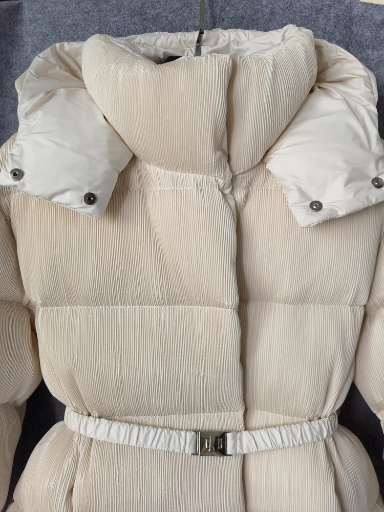 womens pleated down jacket with belt winter warm thick hooded cushioned jacket beige brown fashionable jacket INKEO DJ087 241107