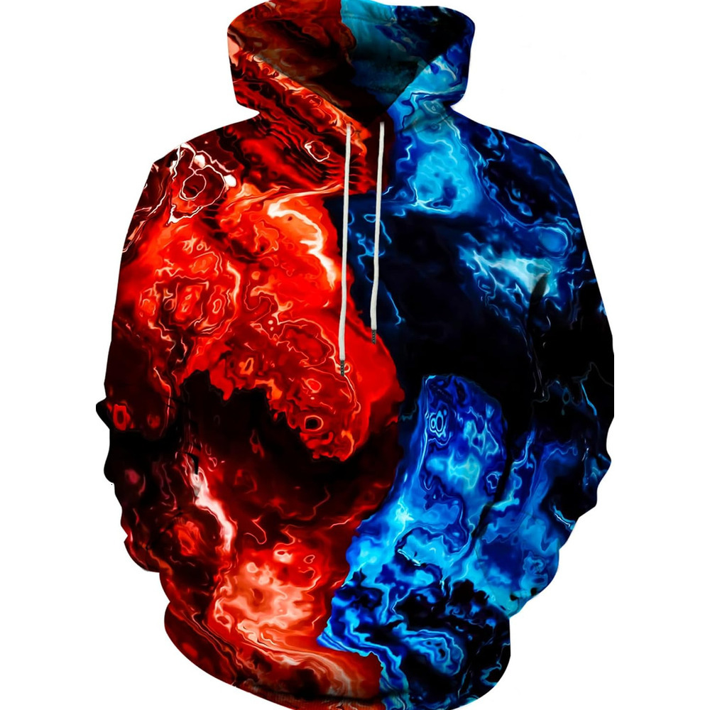 Hoodie for Mens Womens Unisex Novelty 3D Printed Hoodies Long Sleeve Sweatshirts for Men Women with Big Pockets Graphic Cool Red Blue