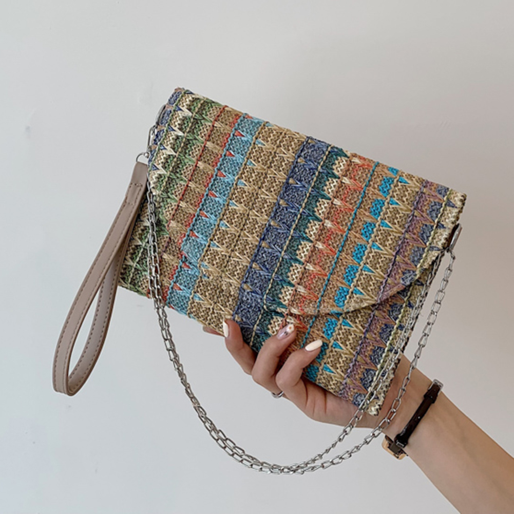 Boho Straw Clutch Purse Chain Colorful Striped Summer Beach Handbag Woven Envelope Wallet Wristlet Handbag for Women