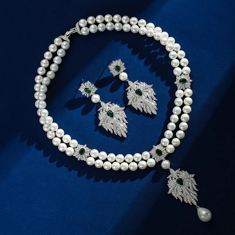 French Vintage Pearl Necklace Earring Set Flower Square Zircon Necklace Fashion Light Necklace 241106