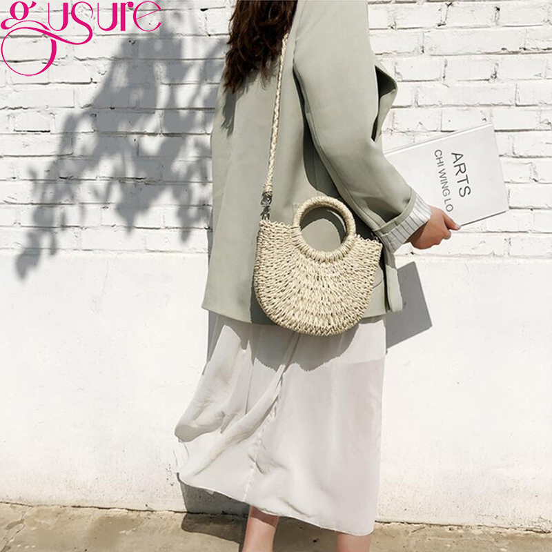 Gusure Handmade Half-Round Rattan Woven Straw Crossbody Bag Summer Beach Women Messenger Shoulder Bags Girls Small Handbag