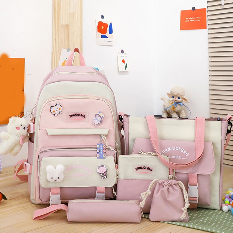 5Pcs Kawaii Cute Backpacks Combo Set, Students Lightweight Bookbag Outdoor Daypack with Anti-Theft Pocket Kit