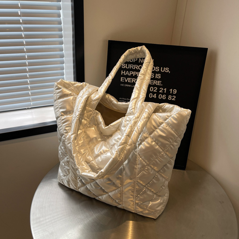 Women Padded Shoulder Bag Large Capacity Quilted Padded Bag Soft Lightweight Metallic Color Female Outdoor Shopping Bag