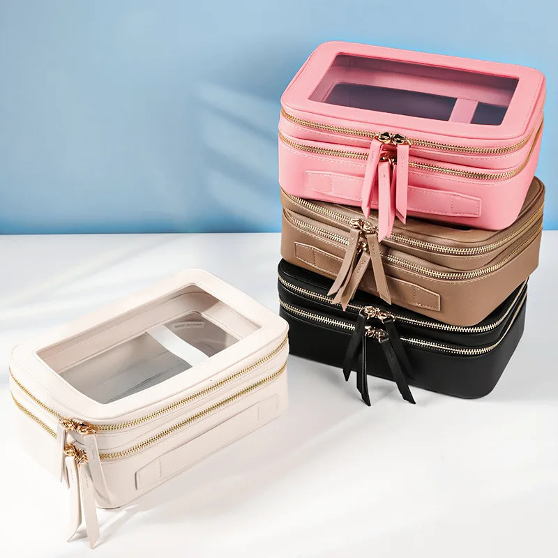 Double layer Saffiano leather makeup organizer toilet storage bag transparent PVC travel makeup bag 241106