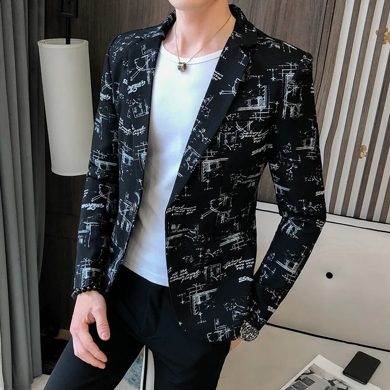 Men Blazer 2024 Spring Fashion Highquality Korean Version of The Printed Slim Formal Wedding Party Prom Suit Jacket 240326