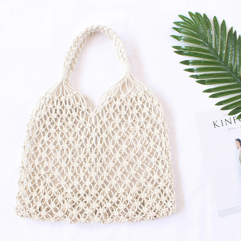 Large Capacity Hollow Woven Handbag Portable Beach Bag Casual Solid Color One-shoulder Bag Cotton Rope Handmade Net Bag