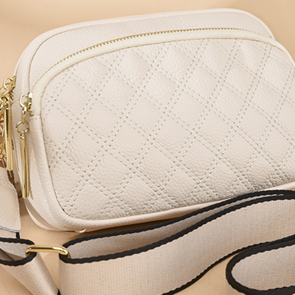 Cowhide Leather Crossbody Bag Women Multi-layer Pocket Fashion Shoulder Bag Wide Strap Solid Satchel Rhombus Pattern Sling Purse