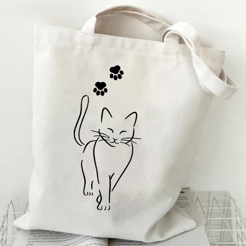 Fashion Canvas Tote Bag Cup of Black Cat Print Large Capacity Teen Shoulder Shopping Bag Cartoon Fashion Kitten Women's Handbags