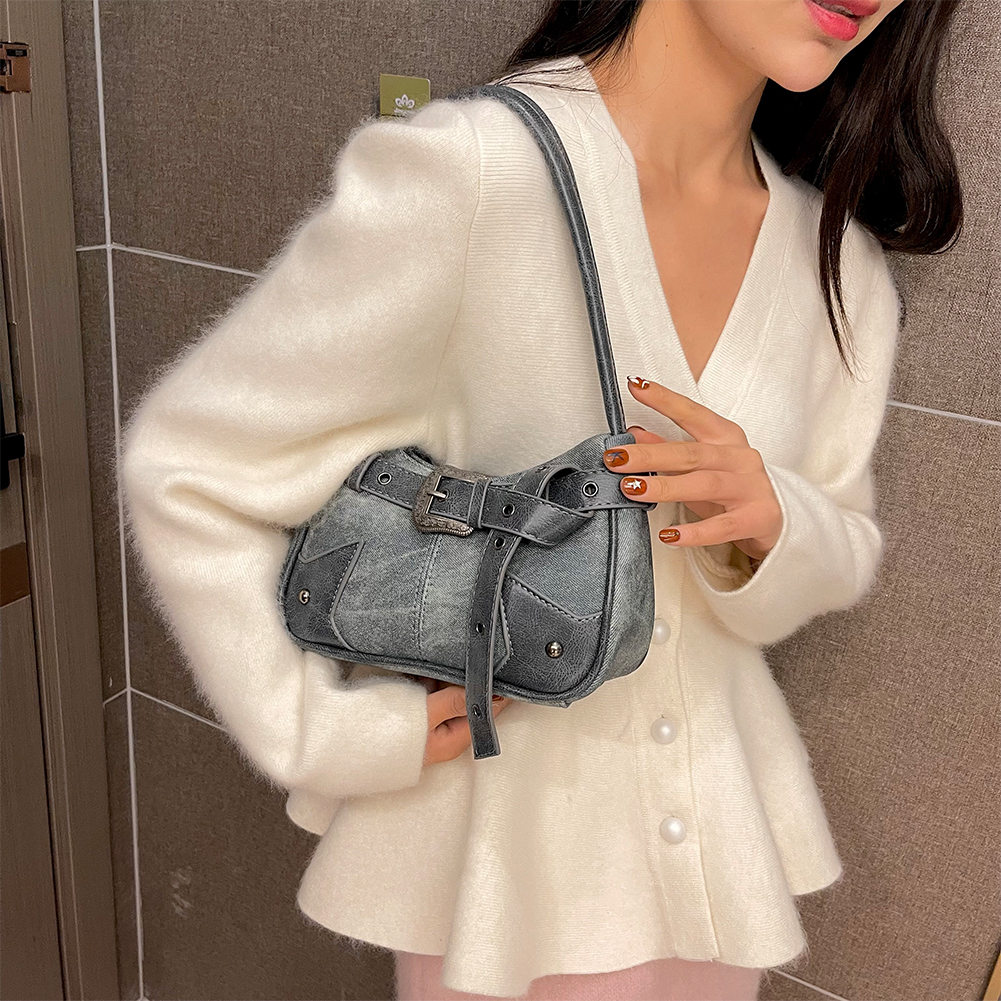 Women Gothic Punk Style Handbag Zipper Closure Rivet Belt Simple Tote Purse Large Capacity Motorcycle Handbag for Street Wear