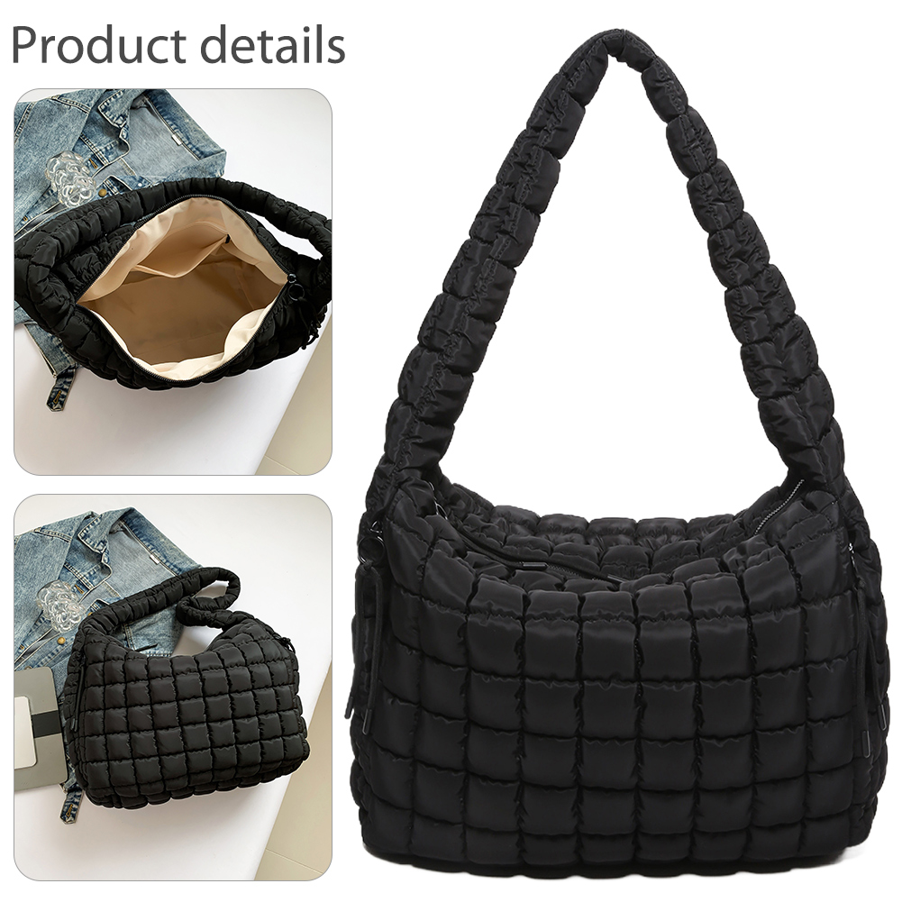 Women Puffer Shoulder Bag Fashion Bubble Bag Large Capacity Puffy Shoulder Bag Solid Color Zip Closure for Outdoor Travel