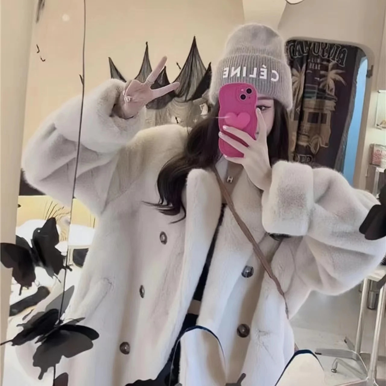 Womens faux mink coat double breasted jacket British style jacket quilted thick fur autumn/winter 241107