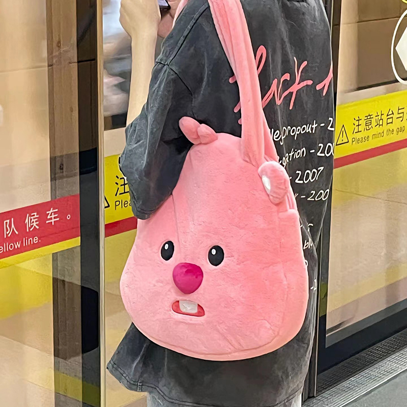 Kawaii Loopy Plush Shoulder Bags Cartoon Pink Beaver Large Capacity Bag Cute Anime Tote Handbags Bag Birthday Gifts Women Girls