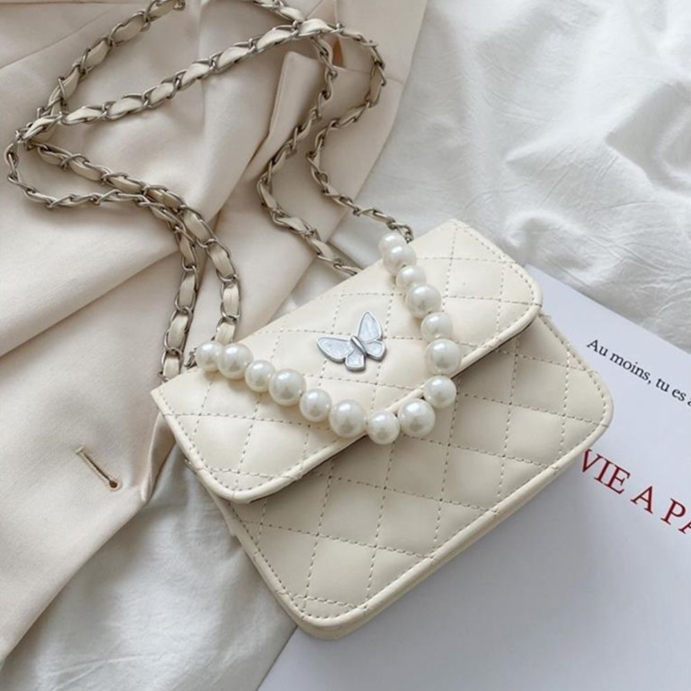 Fashion Pearl Shoulder PU Leather Handbags Women Trendy Dia Lattice Hand Tote Underarm Bags Flap Bag