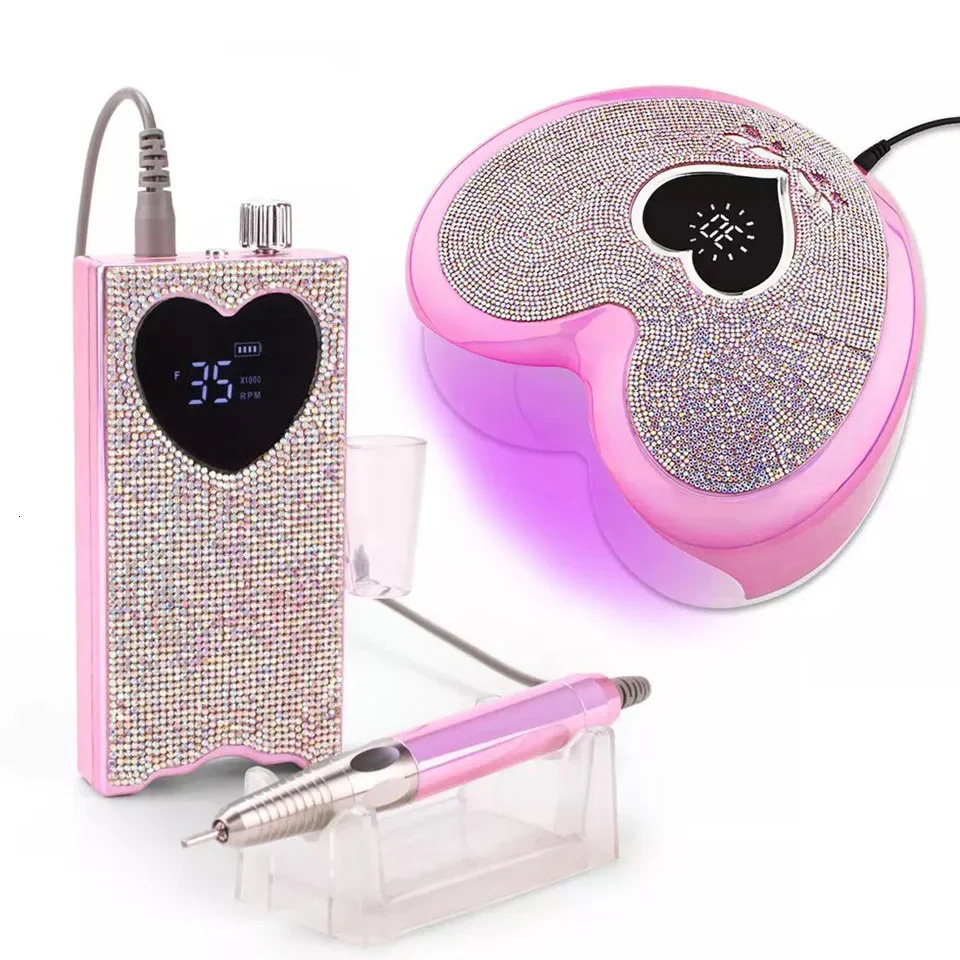 LED Professional Salon Pink Heart Shape UV Nail Lamp Electric Nail Drill 35000 Rpm File Polish Machine Kit Set 241106
