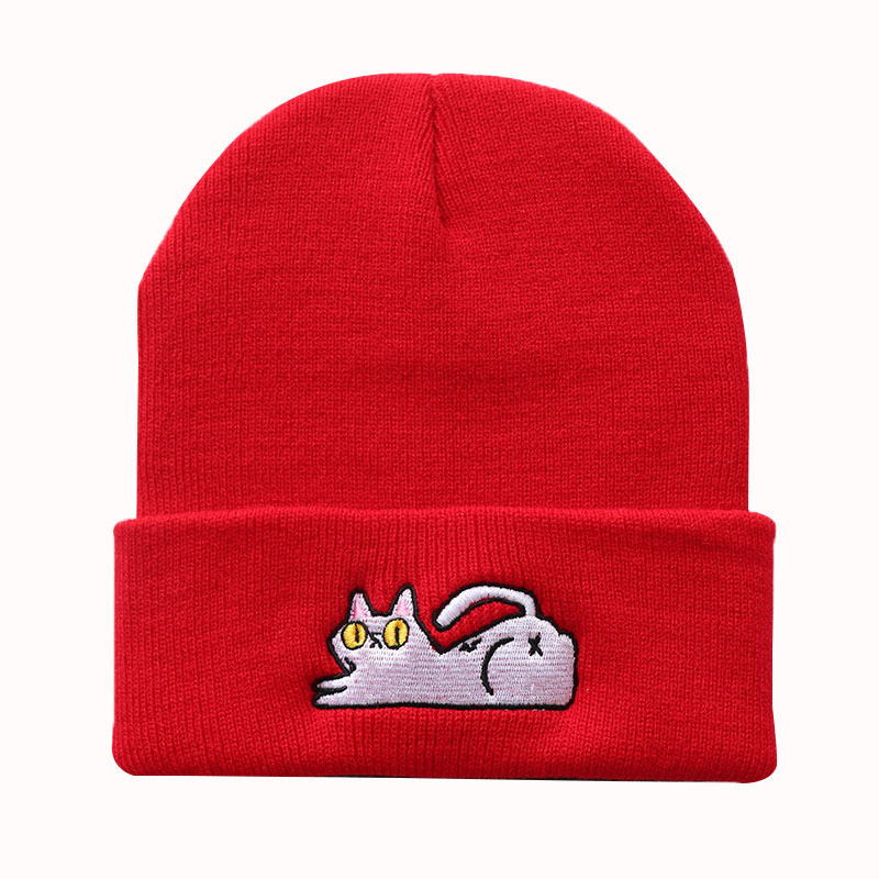 High quality design, Cute Lazy Cat Embroidered Knitted Warm Hoodie Hip Hop Hairline Hat for Male and Female