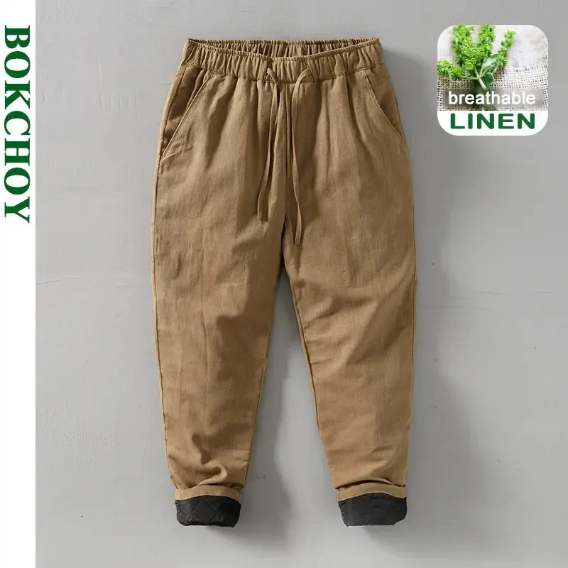 Autumn Winter Warm Thickened Ramie Cotton Trousers Men Oversize Straight Retro Loose Rope Casual Pants M4XL BL8233 241104