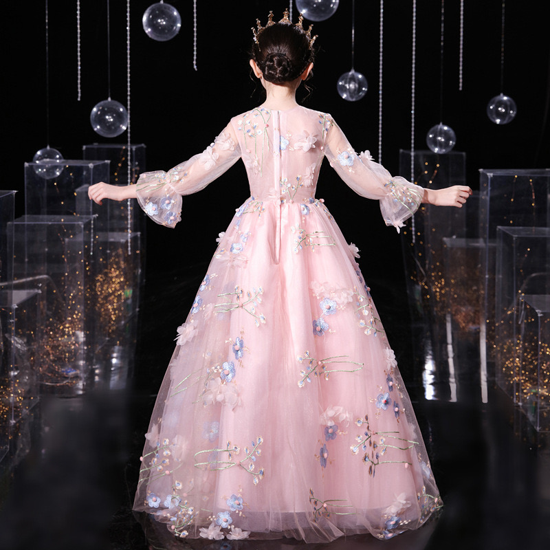 2024 new Luxurious Flower Girl Dress long sleeves 3D flowers lace appliques pink Ball Gown Princess First Holy Communion wears cheap communion pageant