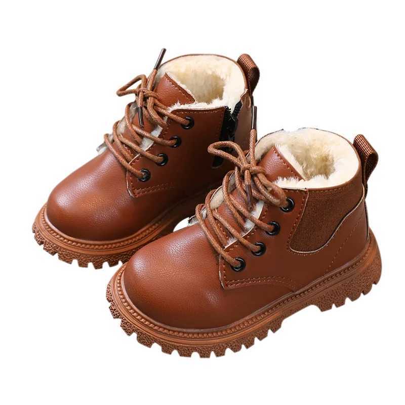 Boys Girls Plus Velvet Warmth Boots British Sle Non-Slip Zipper Design Shoes Children Leather BootsXJ241206