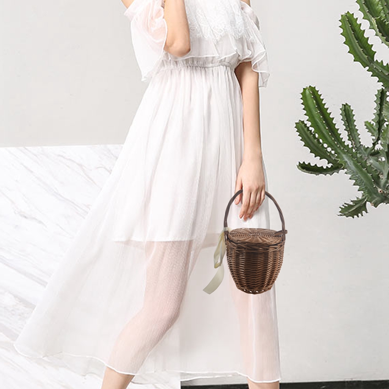 Fashion Summer New Women Beach Basket Straw Hand Bag Cover Handbag Wicker Handmade Small Women Bohemia Tote Travel Clutch(Brown)