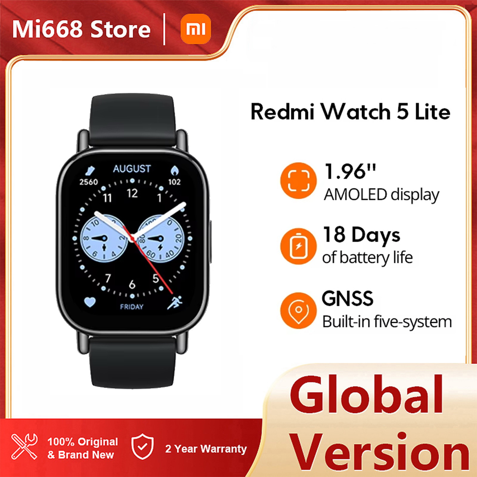 Xiaomi Redmi Watch 5 Lite Smartwatch, 1.96 Inch AMOLED Display, 18 Day Battery, 150+ Sports Modes, Built-in GPS, Heart Rate Tracking, 5ATM Waterproof,