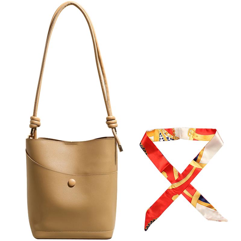 2021 New Fashion PU Leather Women Bucket Bag Vintage Messenger Bag Retro Shoulder Bag Simple Crossbody Bag With Silk Scarf