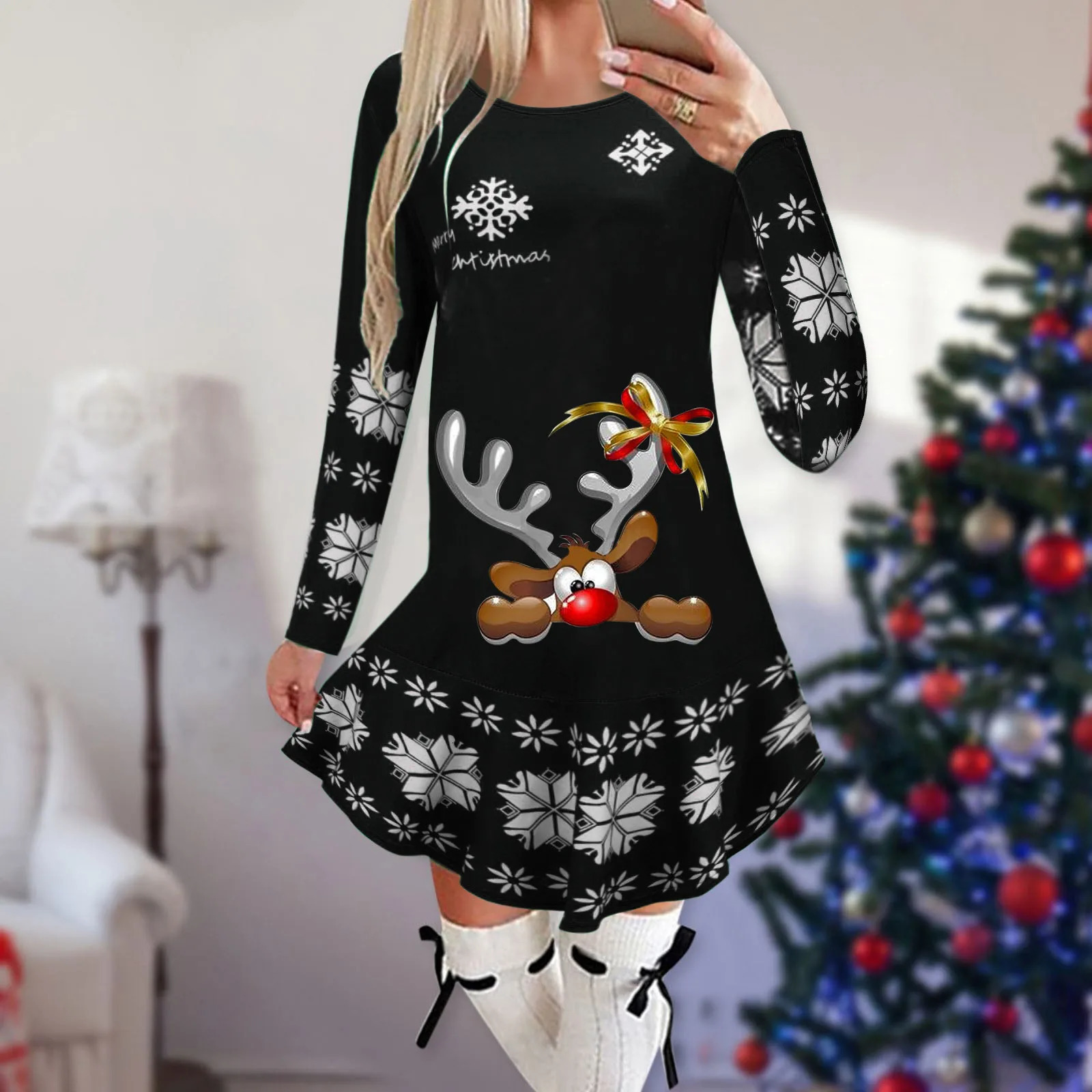 Sexy Club Long Sleeve Bodycon Mini Dress Women Autumn Winter Christmas Print Party Basic Slim Dresses For Women Robe Femme 241107