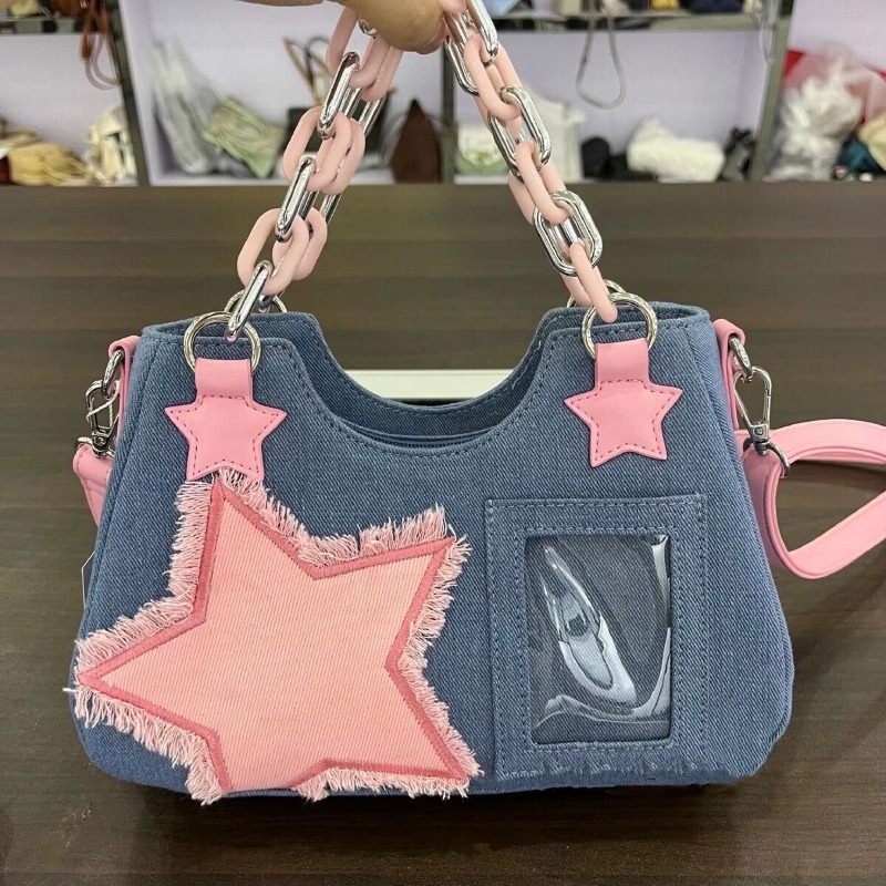 Y2k Star Chain Underarm Bag New Fashion Cool Dark Harajuku Style Denim Bag Pink Women's Bag Tote Bag Purses Handbags Baguett