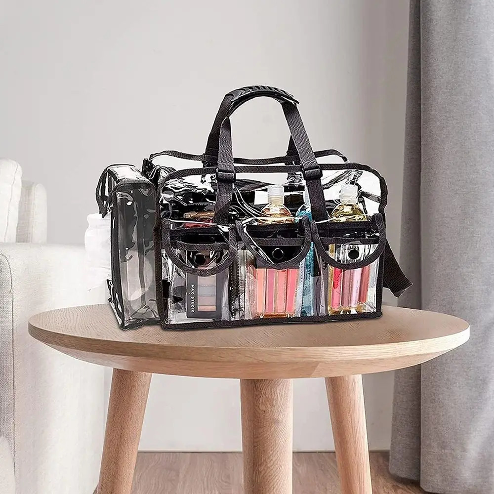 Makeup bag Transparent travel makeup bag with 5 outer pockets and shoulder straps Zipper toilet bag Beach bag 241107