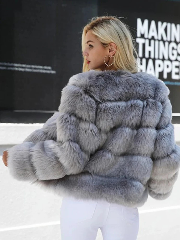 Elegant faux mink short jacket womens O-neck crop long sleeved faux fox fluffy womens jacket winter womens jacket 241107