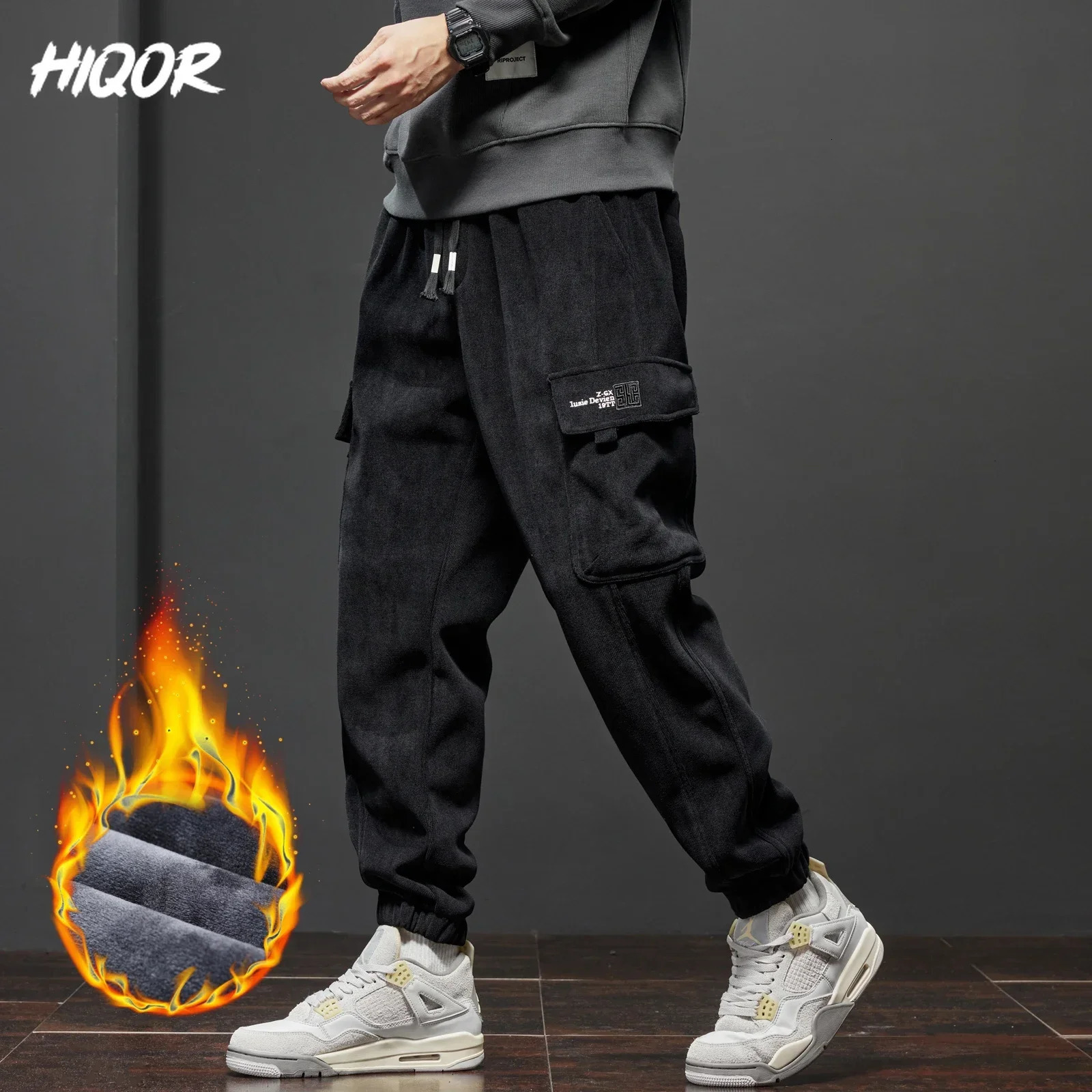 HIQOR Winter Mens Fleece Warm Casual Pants Jogging Sweatpants Male Harajuku Y2k Loose Streetwear Harem Trousers for Men 241104
