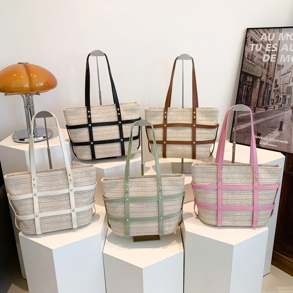 Women Straw Tote Handbag PU Patchwork Weaving Travel Bag Large Capacity Minimalist Tote Bag Ladies Summer Daily Bag