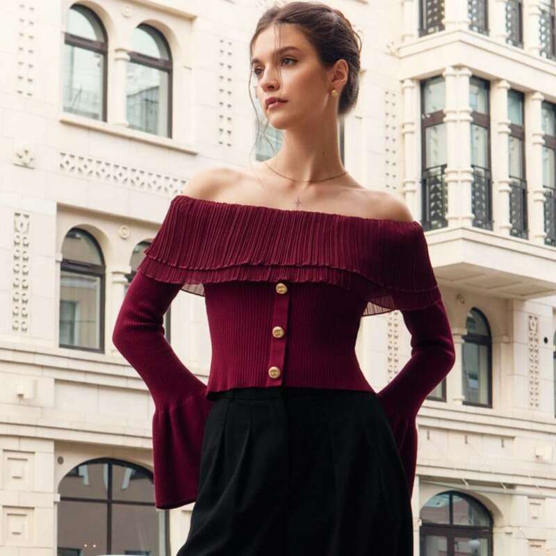 Talenza Knitted Off-Shoulder Women's Solid Long Sleeve Button Patch Pullover Elegant Casual Street Slim Sweater Top Y2k