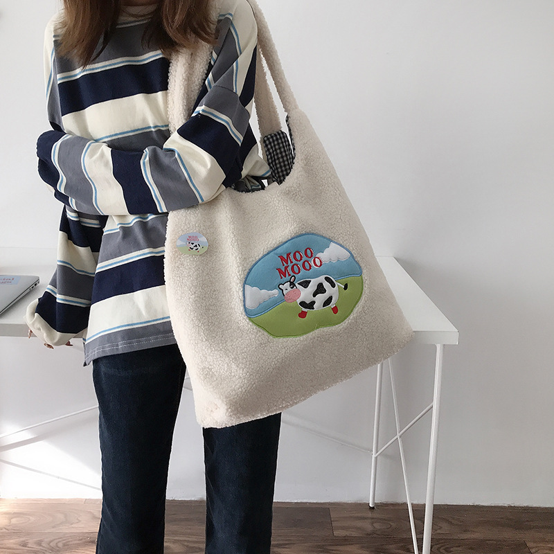 Women Sweet Milk Shoulder Bag Plush Canvas Handbag Tote Large Capacity Embroidery Shopping Bag Cute Book Bags For Girls