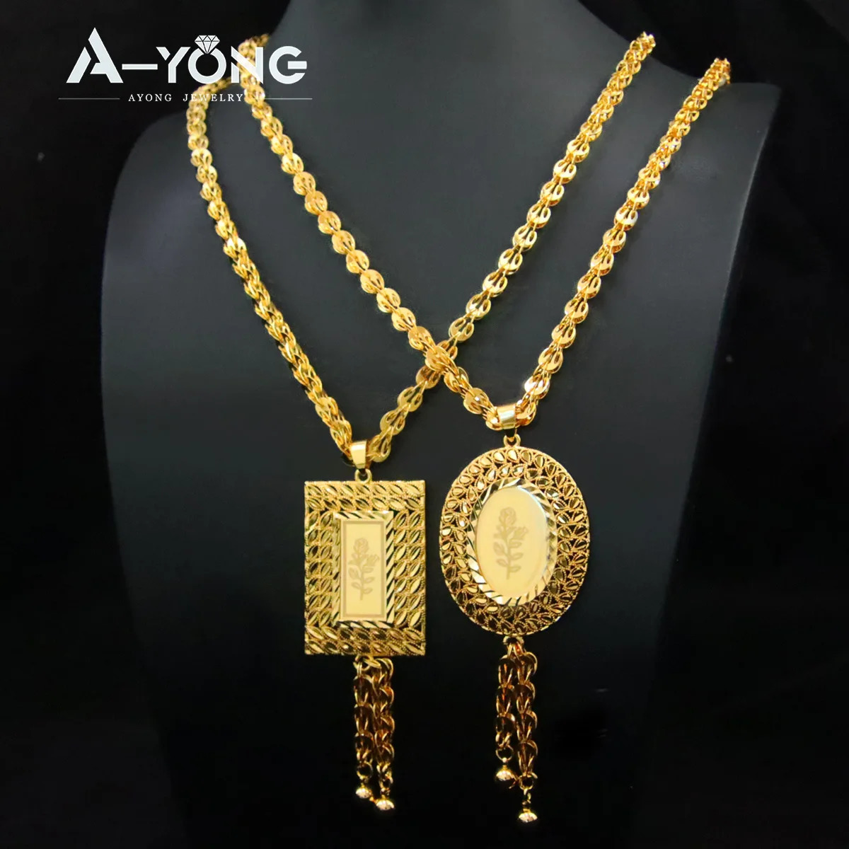 Saudi Islamic Gold Color Necklace 21k Gold Plated Fashion Oval Square Flower Pendant Nigeria Women Wedding Party Jewelry 241106