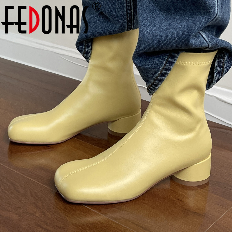 FEDONAS Autumn Winter Women Ankle Office Ladies Casual Fashion Concise Thick Heels Shoes Woman Classic Stretch Short Boots